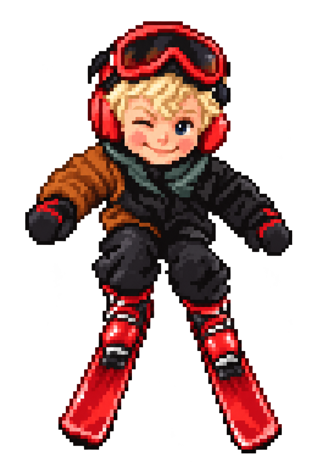 The winking profile kid as a pixel skier with red goggles and red skis
